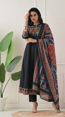 Black Cotton A-Line Suit with Ajrakh Print Dupatta- Set of 3