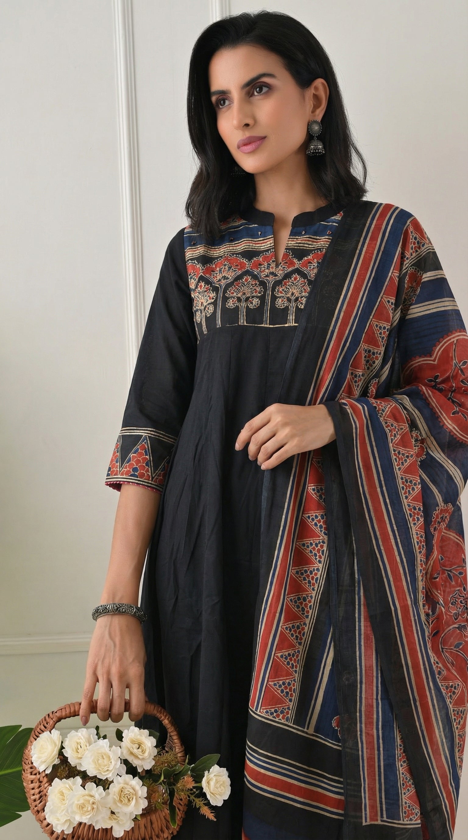 Black Cotton A-Line Suit with Ajrakh Print Dupatta- Set of 3