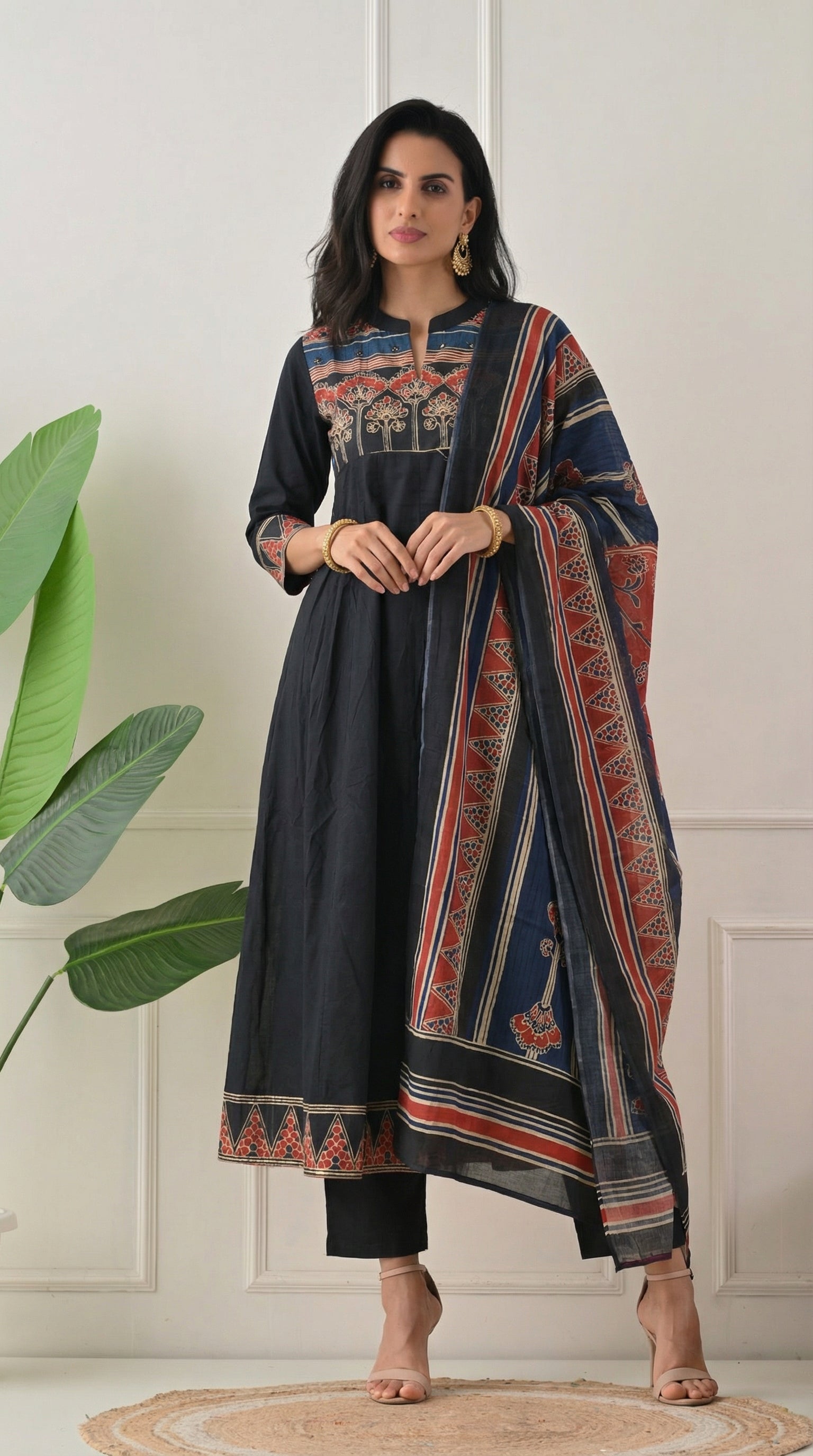 Black Cotton A-Line Suit with Ajrakh Print Dupatta- Set of 3
