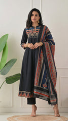 Black Cotton A-Line Suit with Ajrakh Print Dupatta- Set of 3