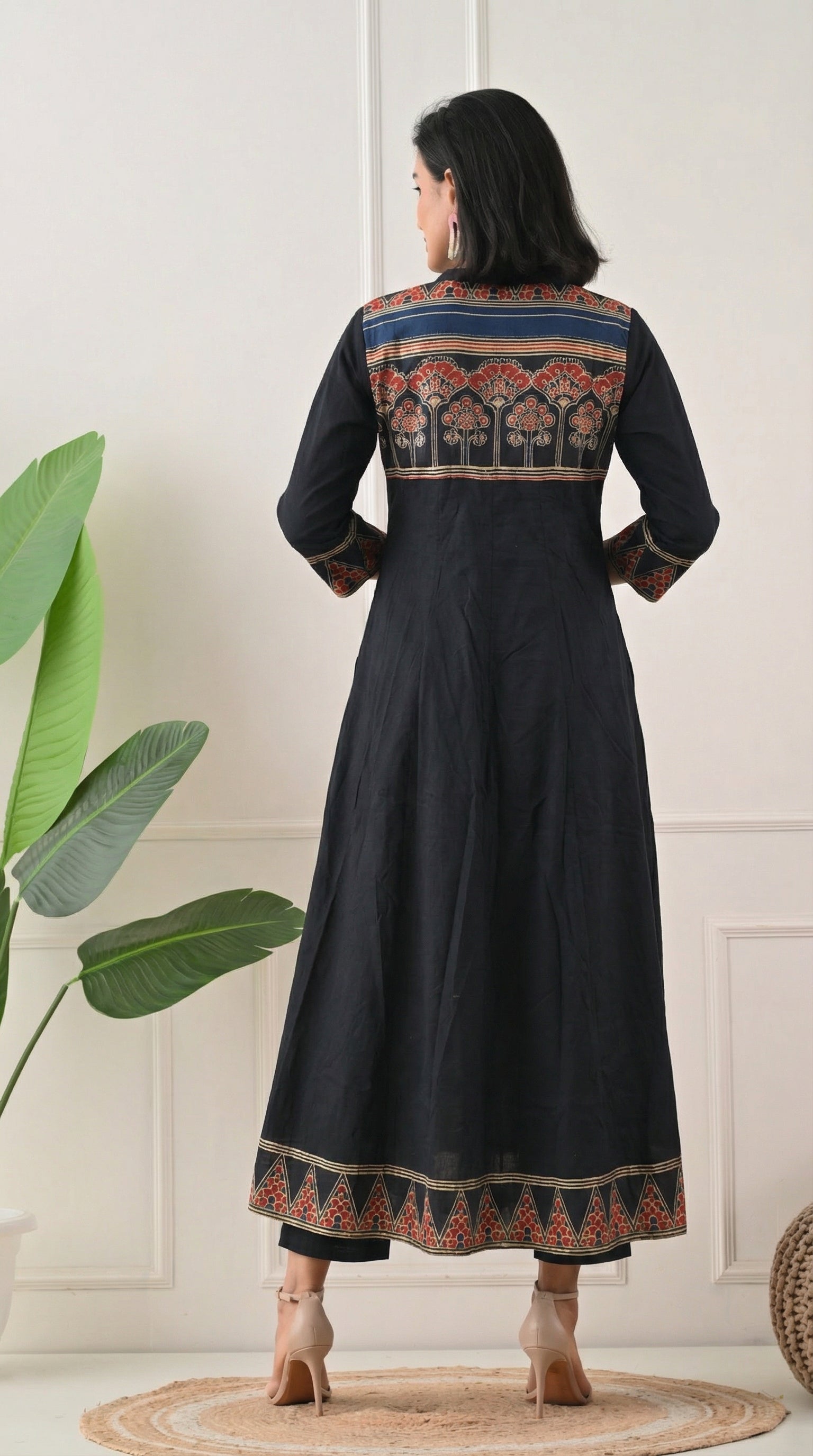 Black Cotton A-Line Suit with Ajrakh Print Dupatta- Set of 3