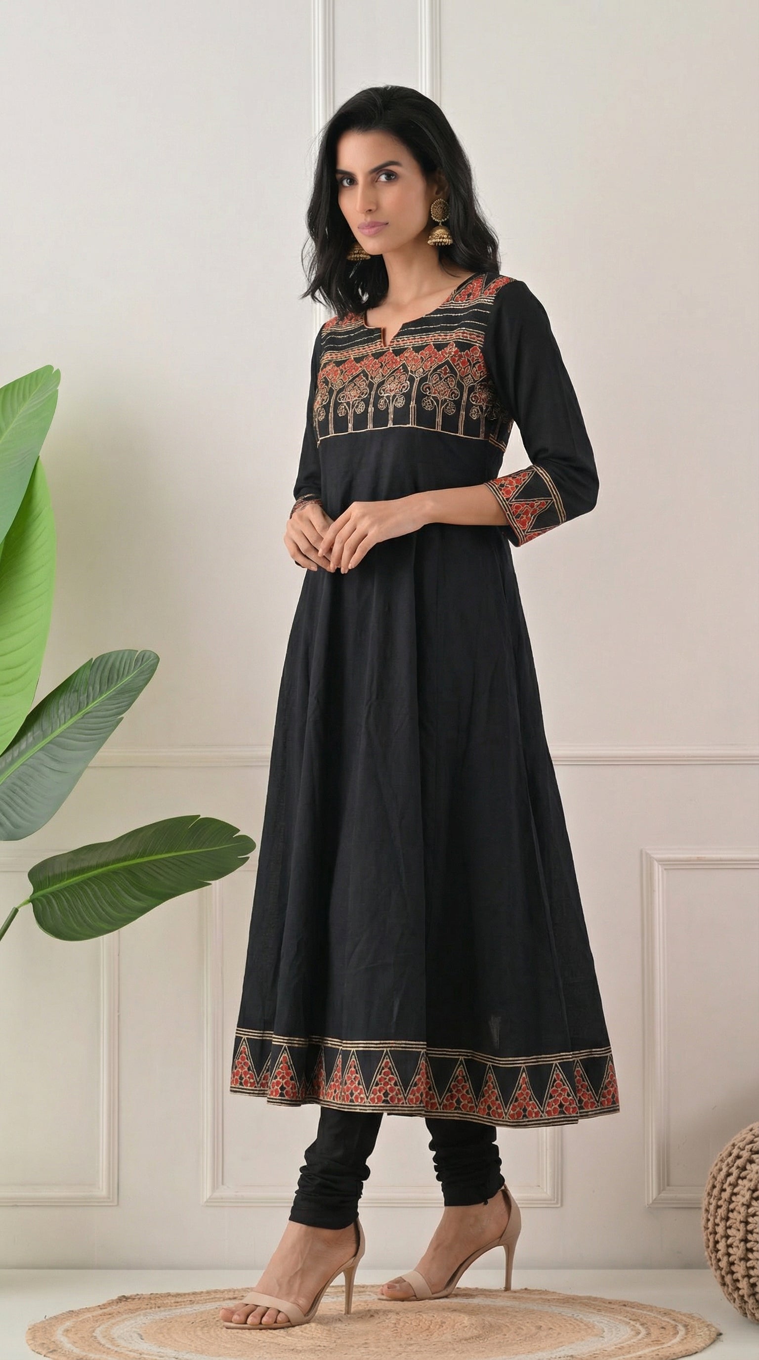 Black Cotton A-Line Suit with Ajrakh Print Dupatta- Set of 3