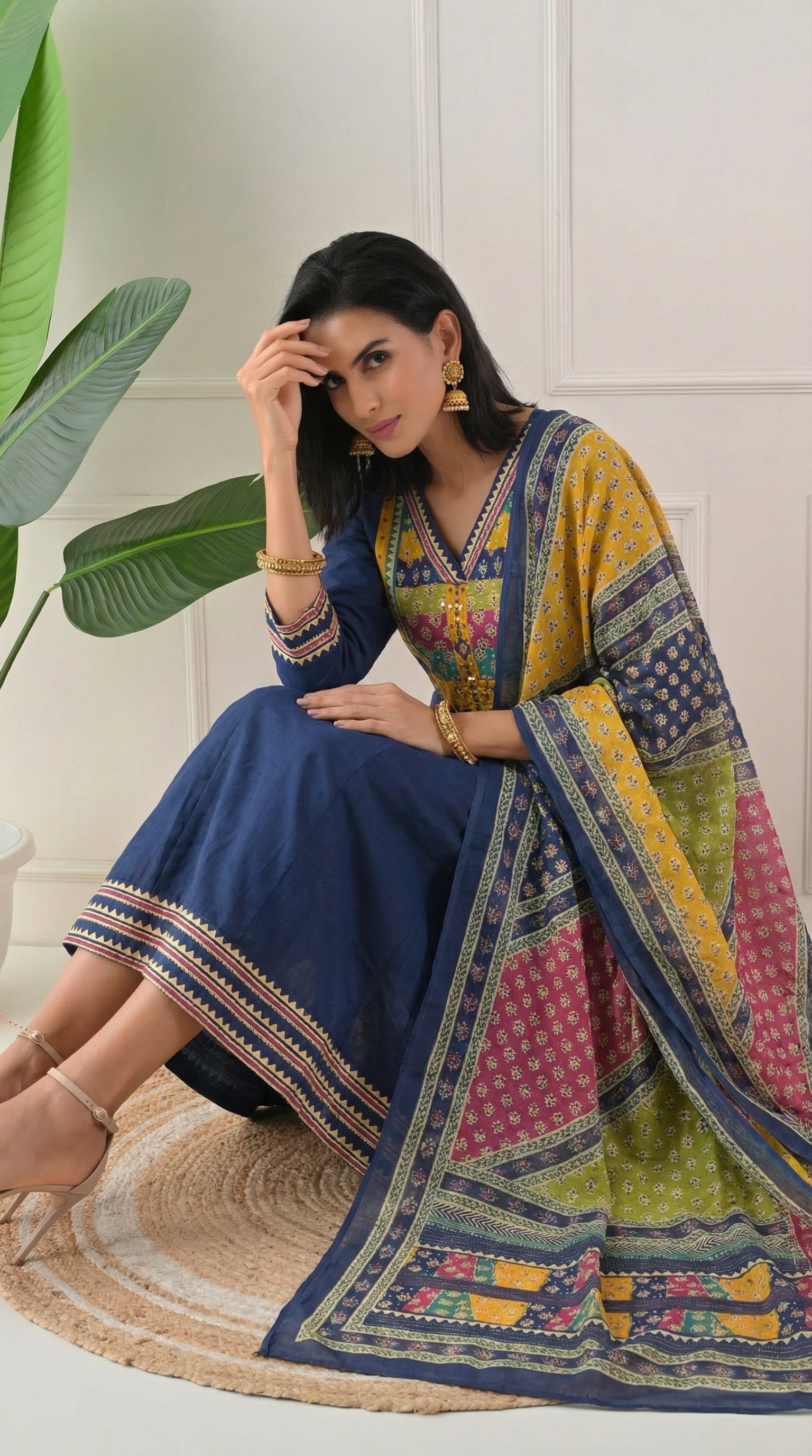 Blue Cotton Anarkali Suit with Ajrakh Print Dupatta- Set of 3