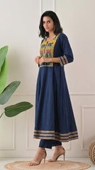 Blue Cotton Anarkali Suit with Ajrakh Print Dupatta- Set of 3