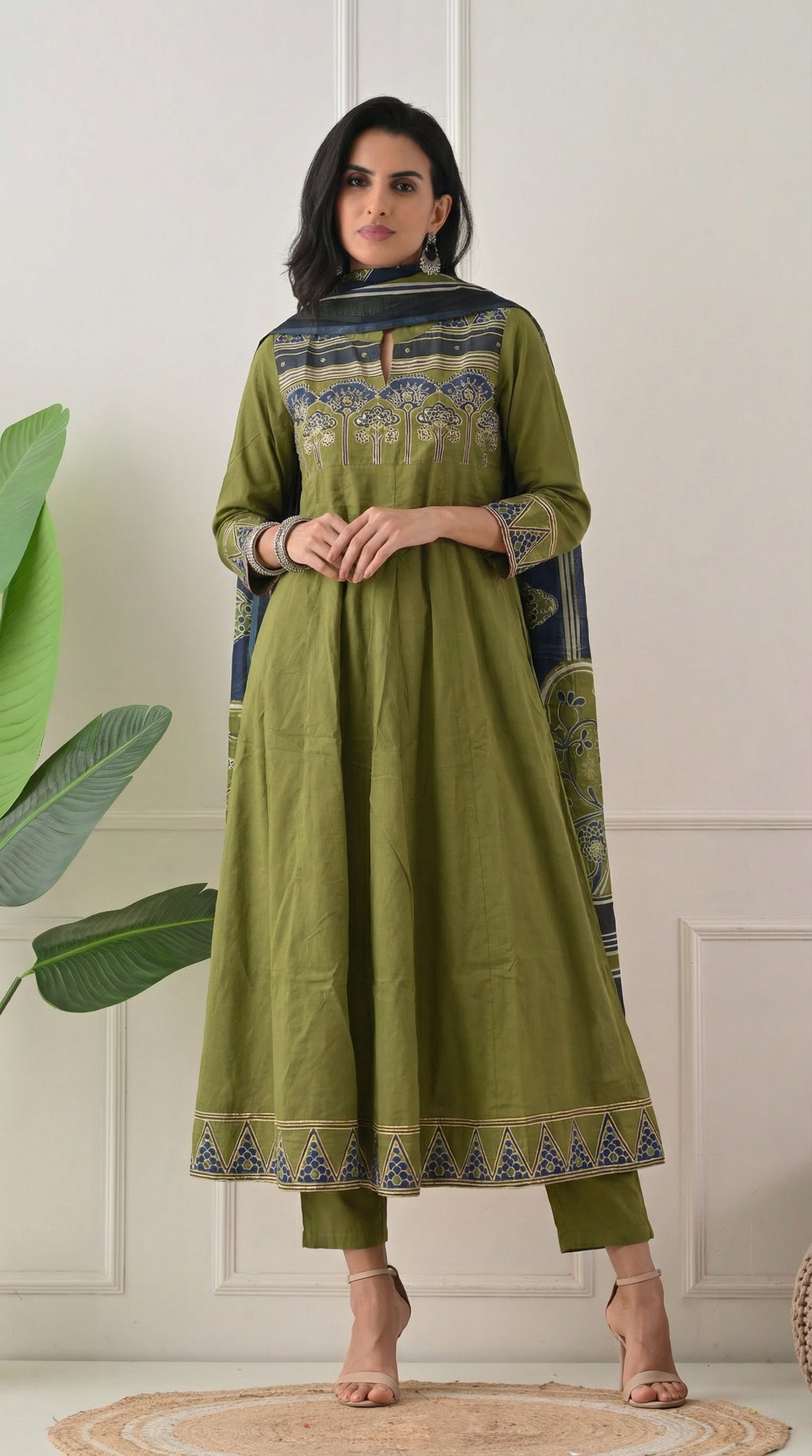 Green Cotton A-Line Suit with Ajrakh Print Dupatta- Set of 3