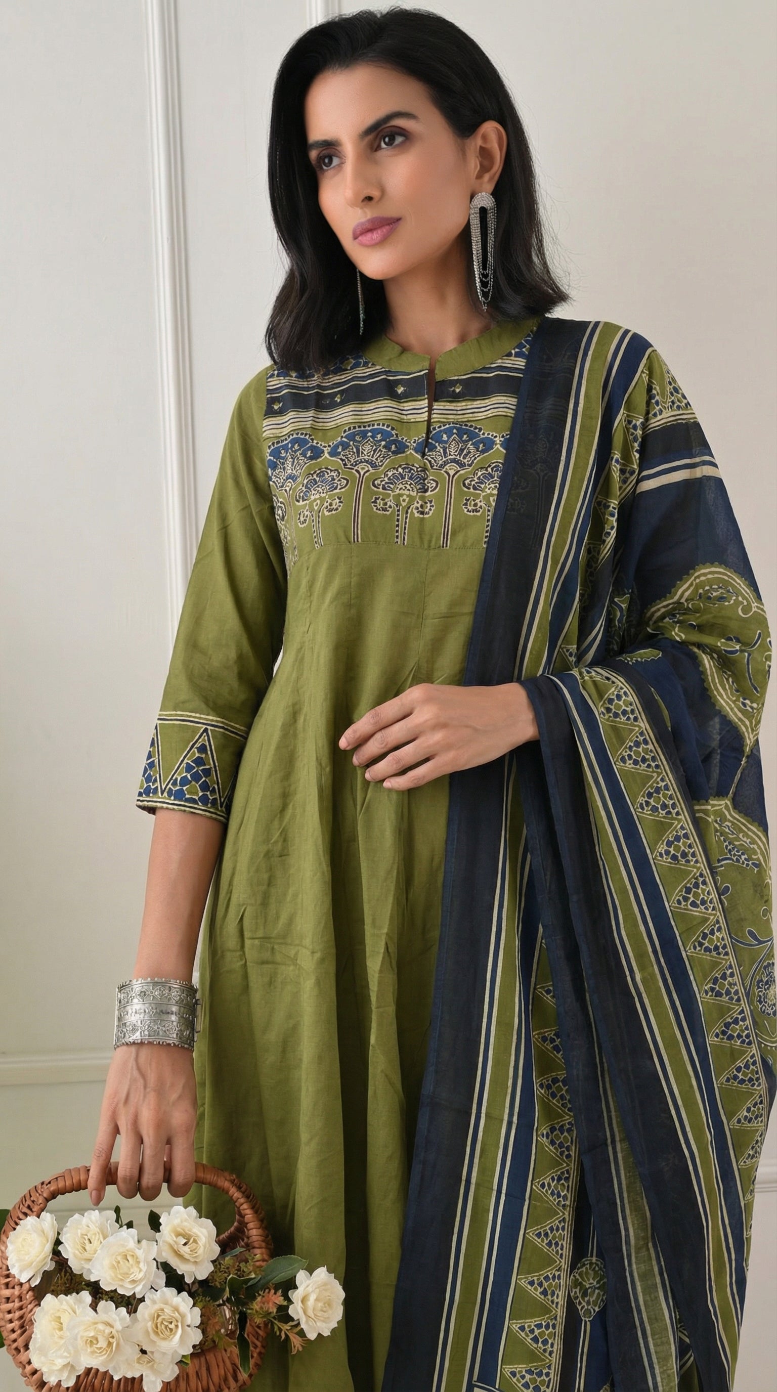 Green Cotton A-Line Suit with Ajrakh Print Dupatta- Set of 3