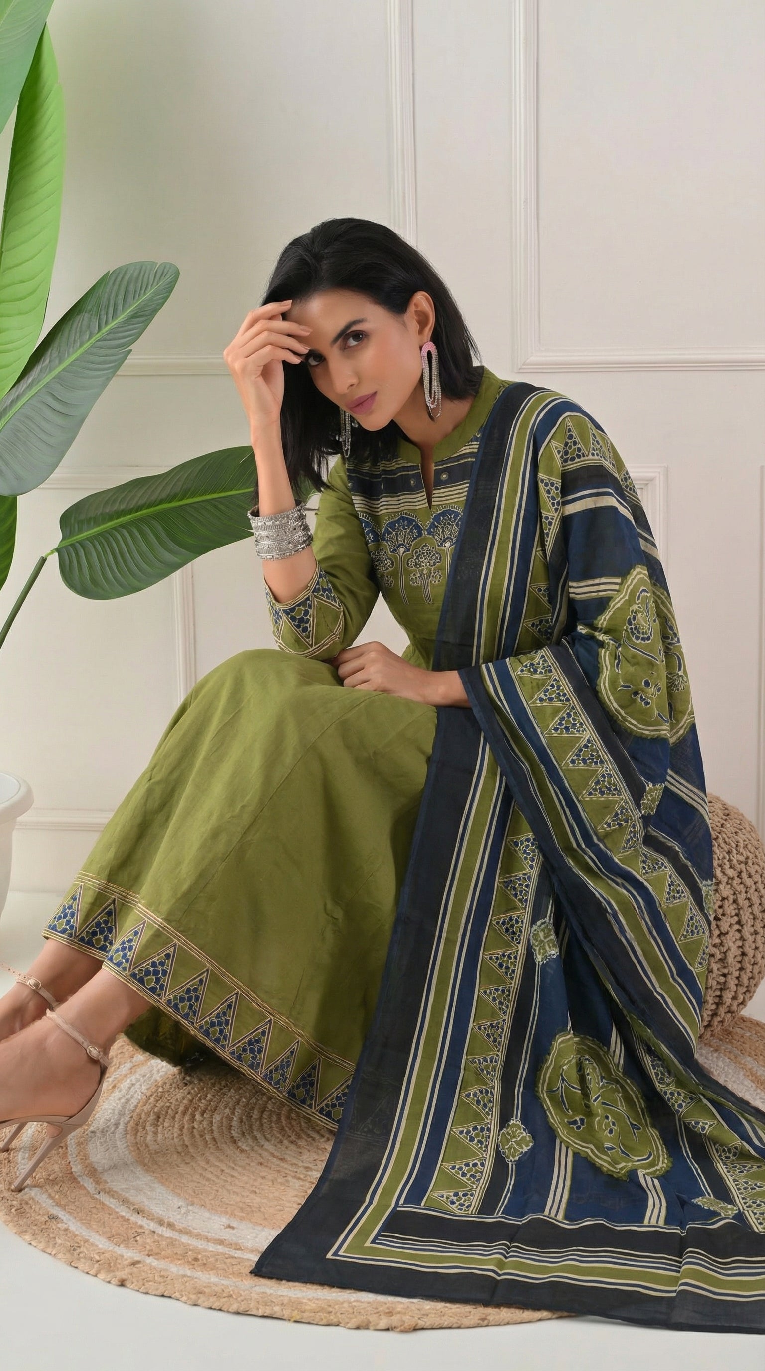 Green Cotton A-Line Suit with Ajrakh Print Dupatta- Set of 3