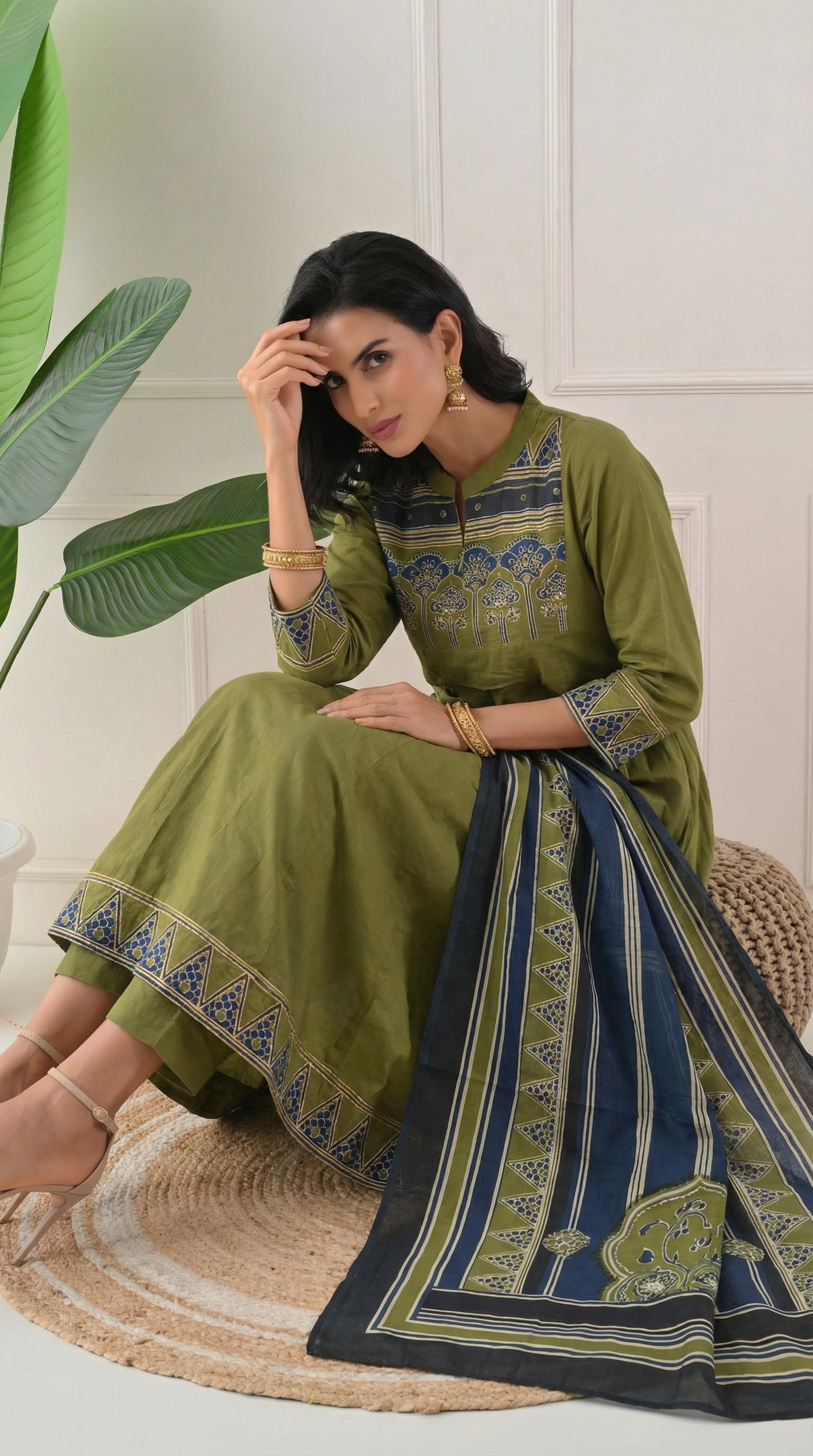 Green Cotton A-Line Suit with Ajrakh Print Dupatta- Set of 3