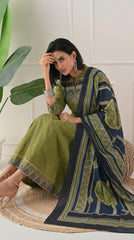 Green Cotton A-Line Suit with Ajrakh Print Dupatta- Set of 3