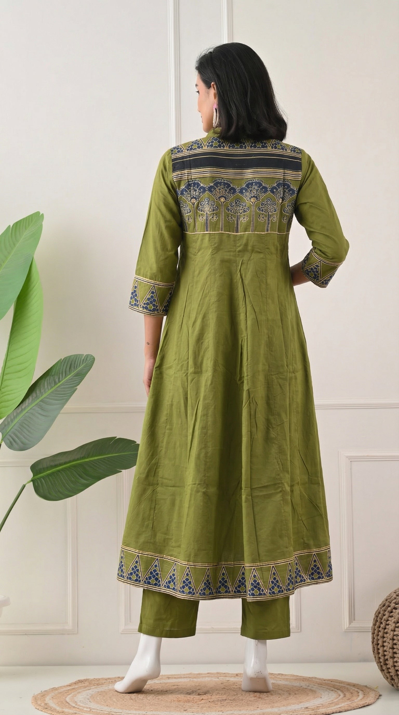 Green Cotton A-Line Suit with Ajrakh Print Dupatta- Set of 3