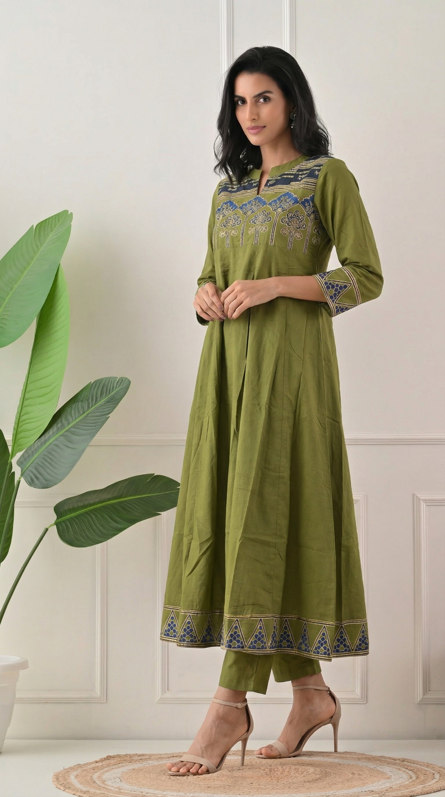 Green Cotton A-Line Suit with Ajrakh Print Dupatta- Set of 3