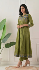 Green Cotton A-Line Suit with Ajrakh Print Dupatta- Set of 3