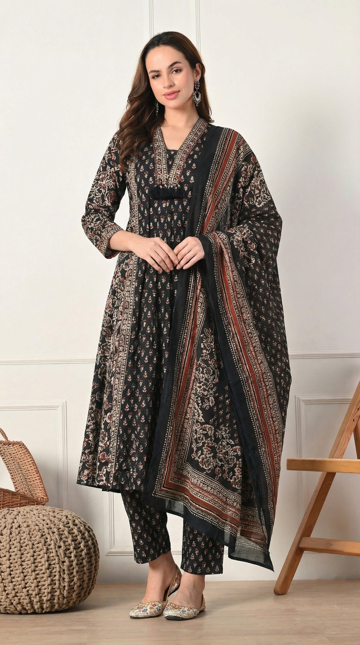 Black Ajrakh Print Cotton A-Line Suit- Set of 3