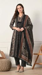 Black Ajrakh Print Cotton A-Line Suit- Set of 3
