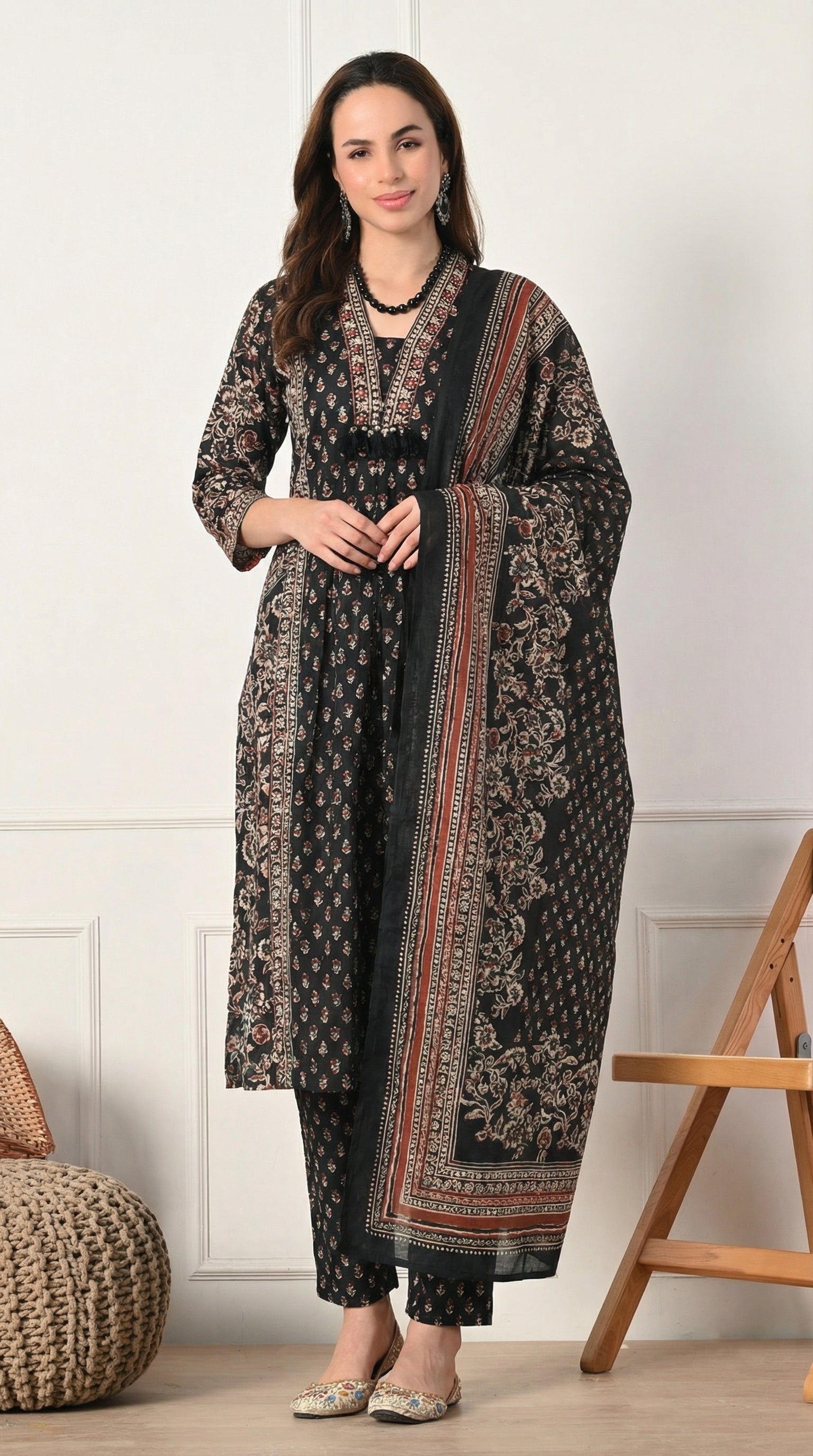 Black Ajrakh Print Cotton A-Line Suit- Set of 3