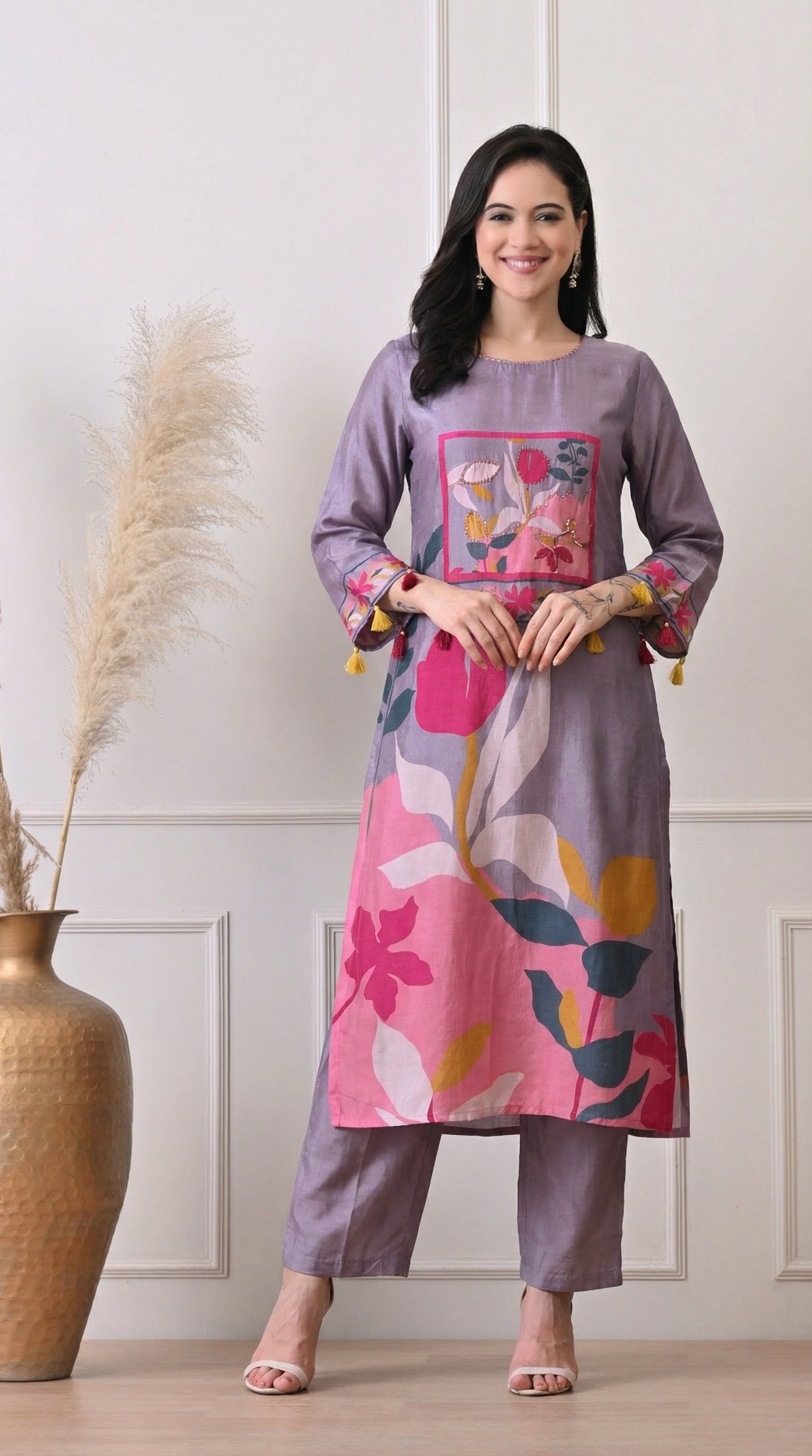 Lavender Muslin Digital Print Kurta Set- Set of 2