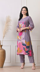 Lavender Muslin Digital Print Kurta Set- Set of 2