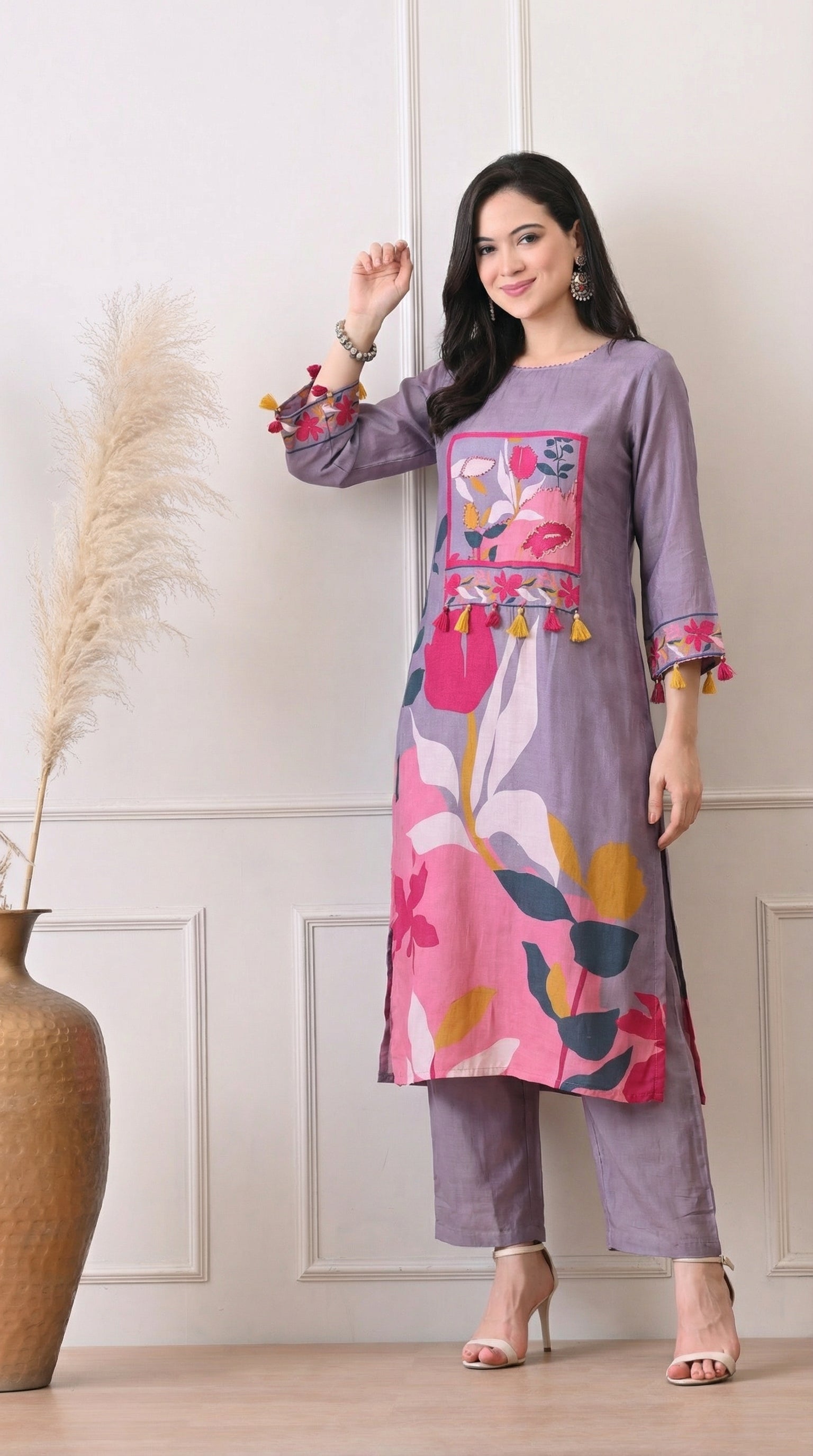 Lavender Muslin Digital Print Kurta Set- Set of 2