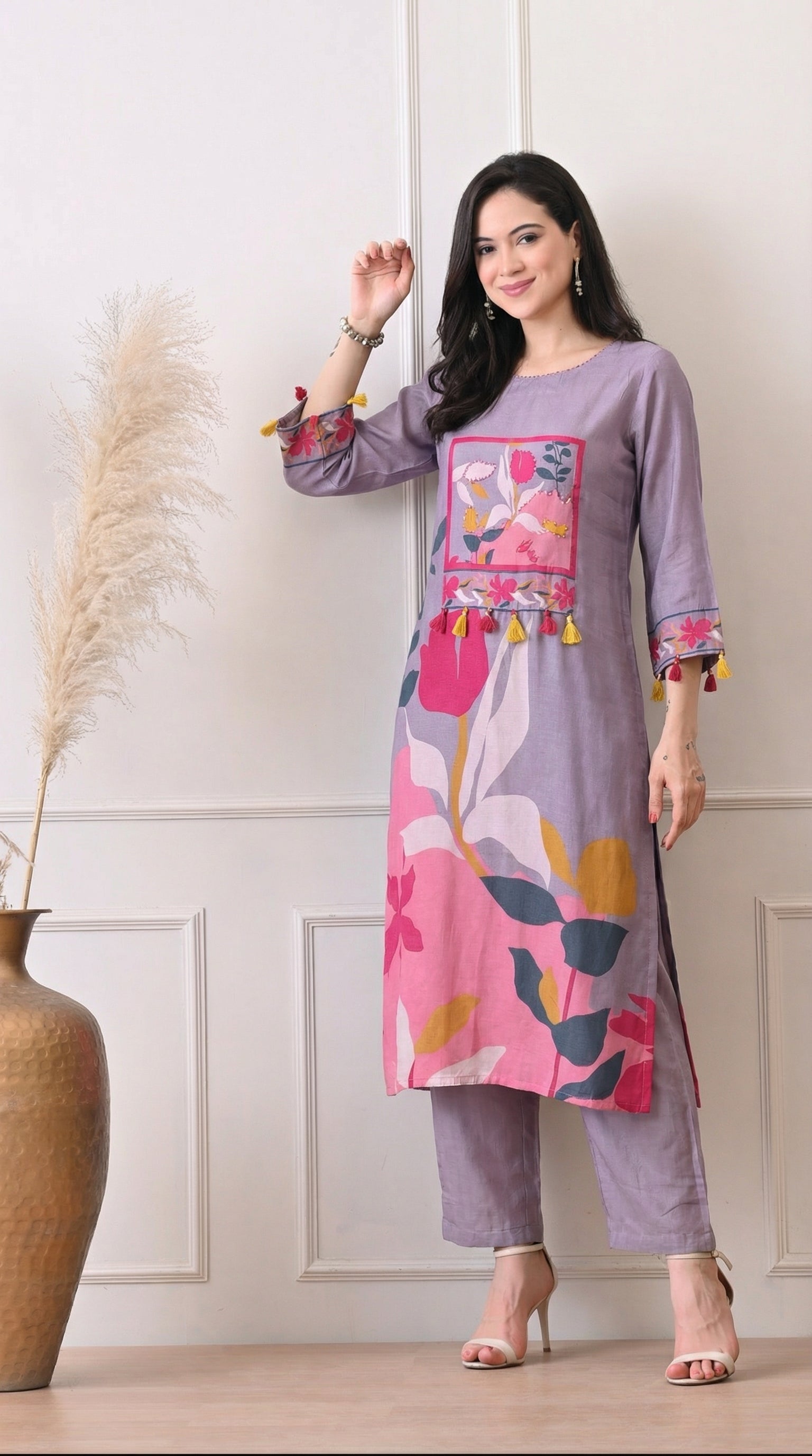 Lavender Muslin Digital Print Kurta Set- Set of 2