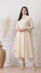 Cream Cotton Anarkali Suit With Crochet Lace Detailing- Set of 3