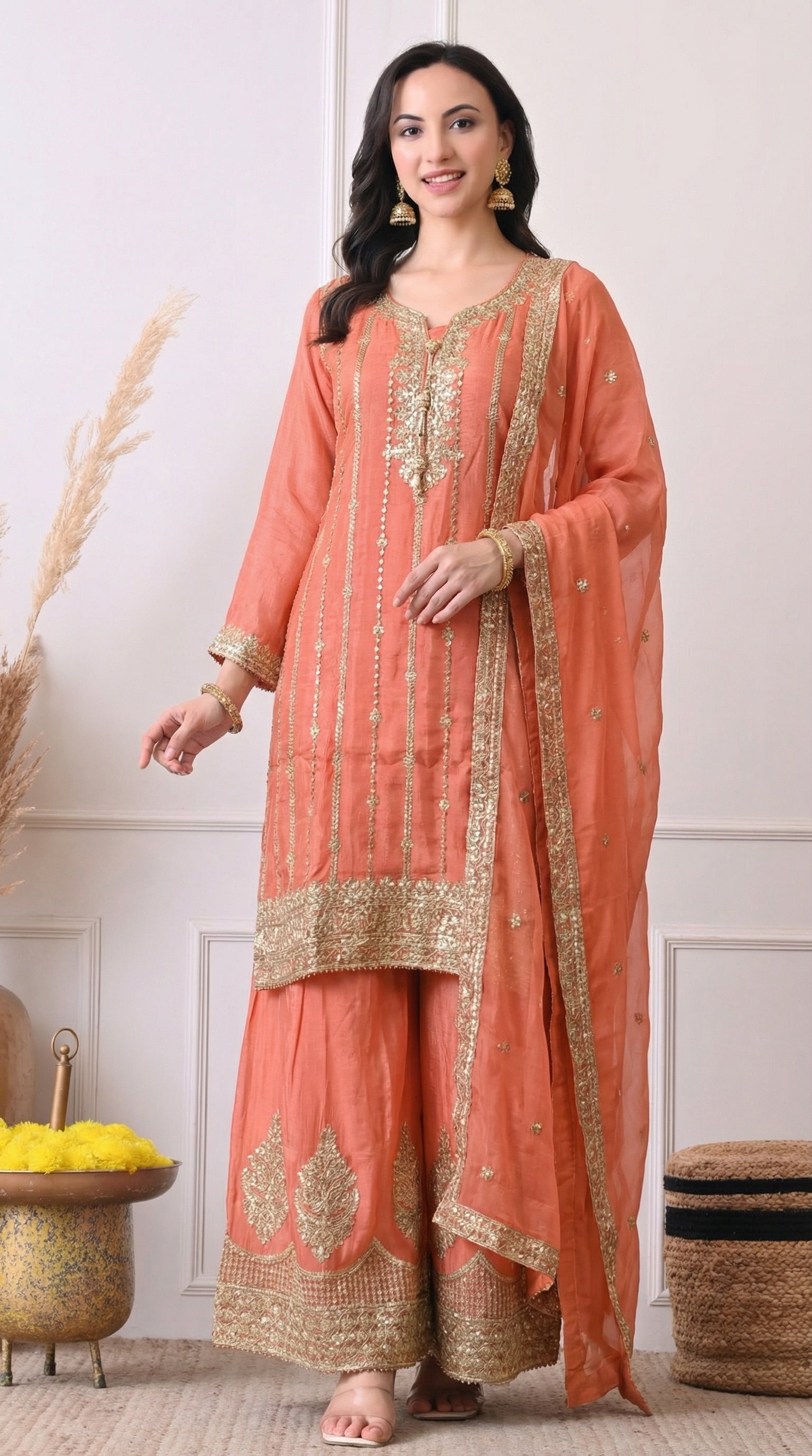 Peach Orange Premium Silk Zari Embroidered Sharara Suit- Set of 3