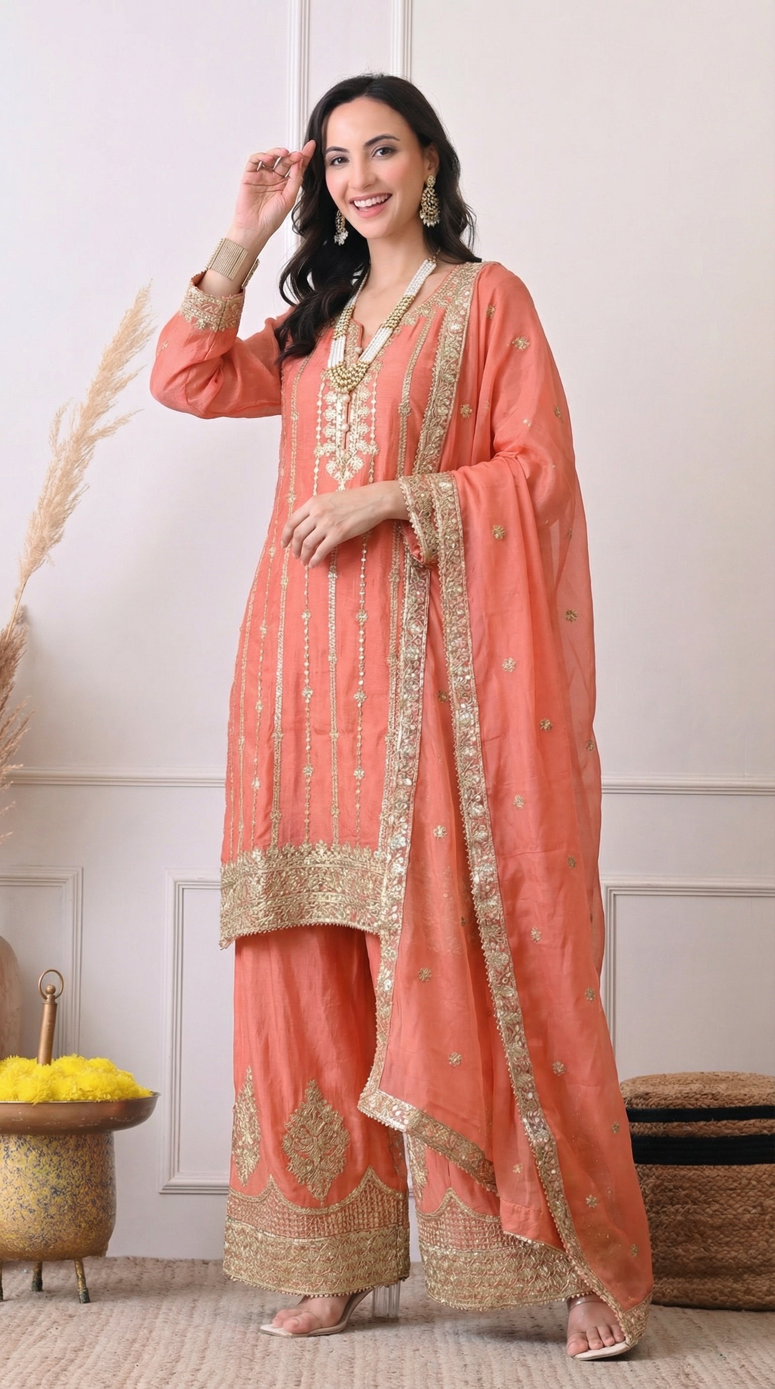 Peach Orange Premium Silk Zari Embroidered Sharara Suit- Set of 3