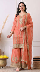 Peach Orange Premium Silk Zari Embroidered Sharara Suit- Set of 3