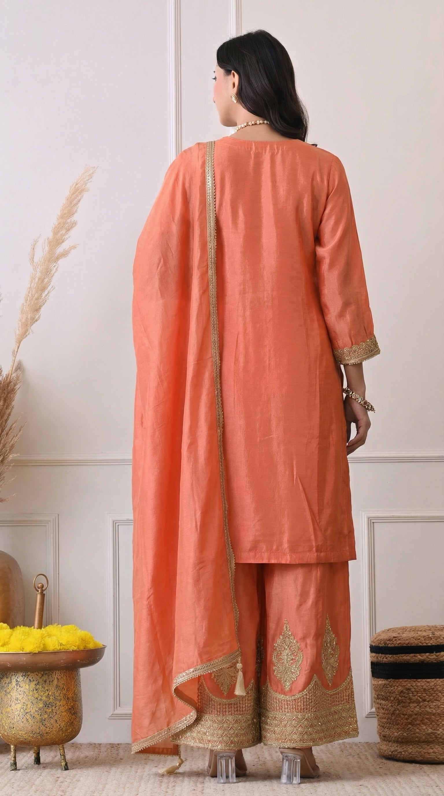 Peach Orange Premium Silk Zari Embroidered Sharara Suit- Set of 3