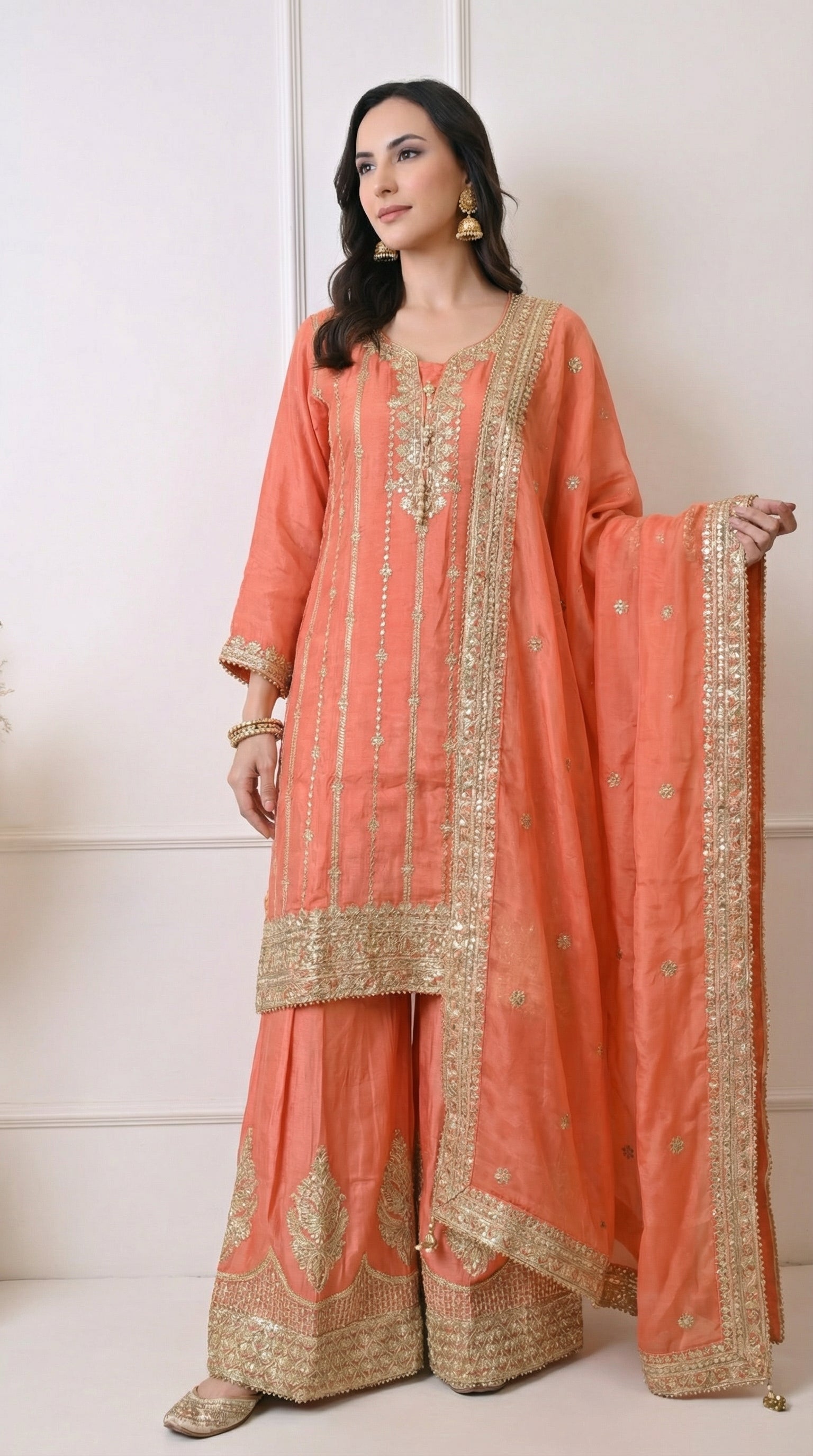 Peach Orange Premium Silk Zari Embroidered Sharara Suit- Set of 3
