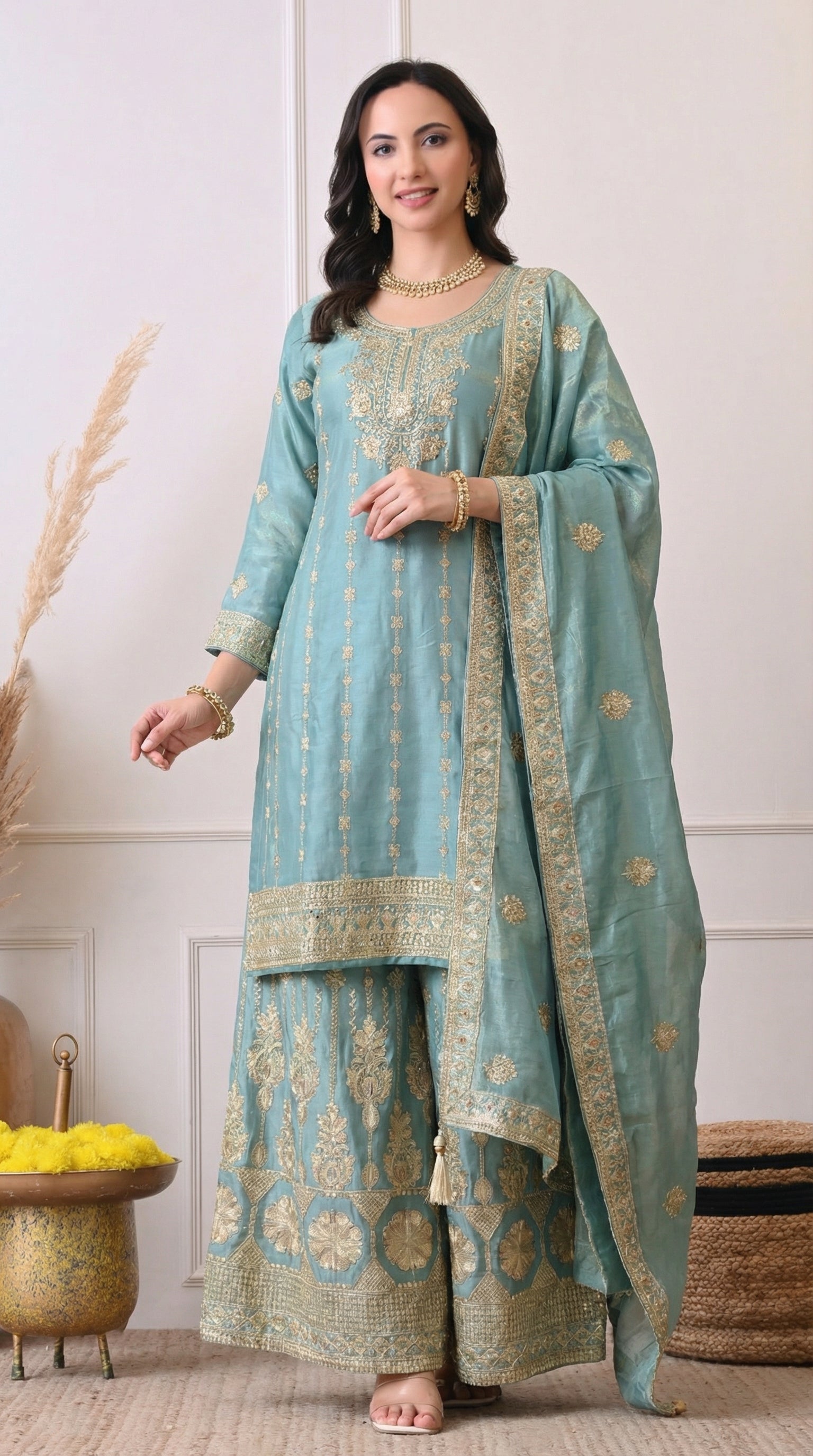 Aqua Blue Tissue Silk Zari Embroidered Sharara Suit- Set of 3