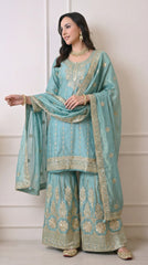 Aqua Blue Tissue Silk Zari Embroidered Sharara Suit- Set of 3