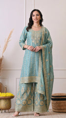 Aqua Blue Tissue Silk Zari Embroidered Sharara Suit- Set of 3