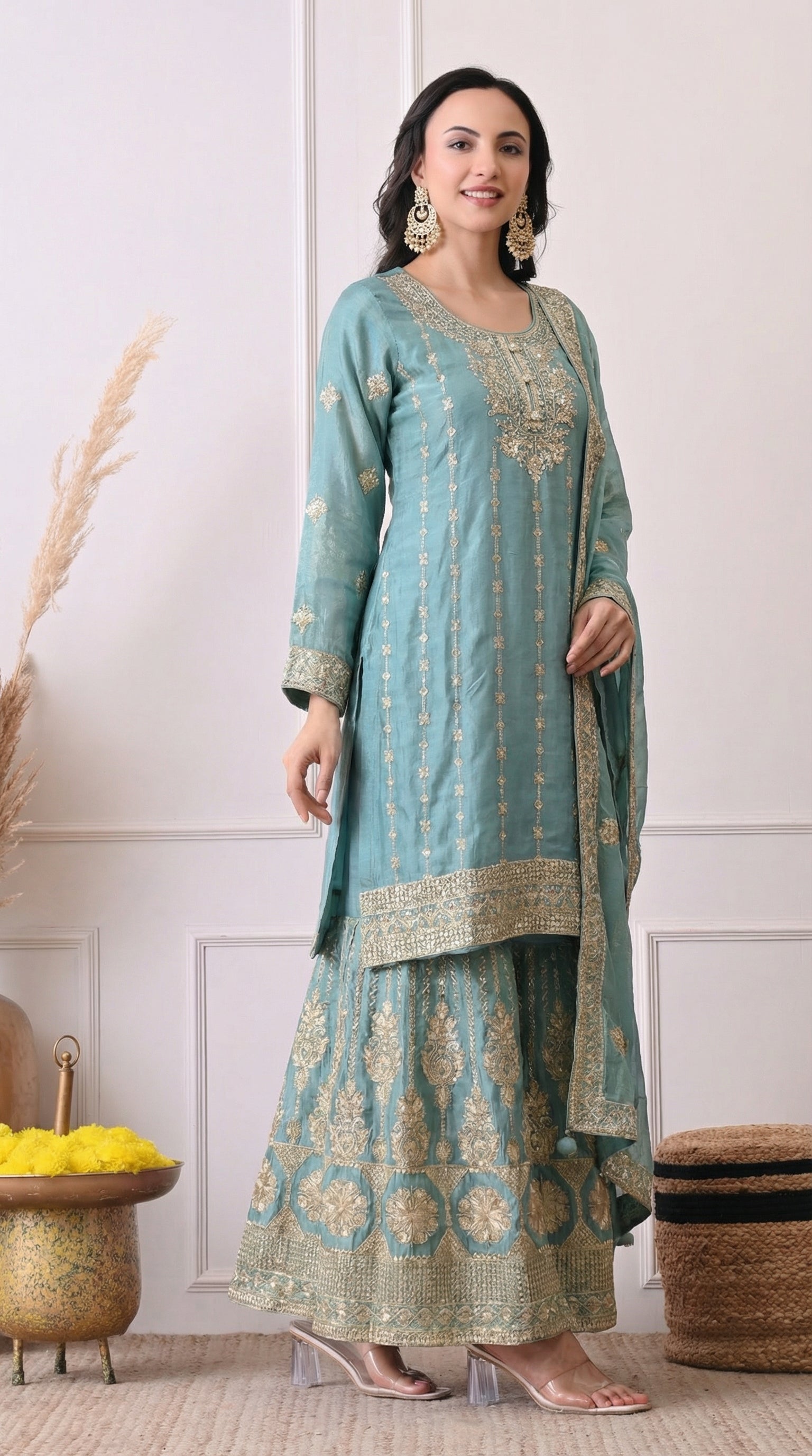 Aqua Blue Tissue Silk Zari Embroidered Sharara Suit- Set of 3