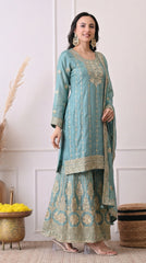 Aqua Blue Tissue Silk Zari Embroidered Sharara Suit- Set of 3