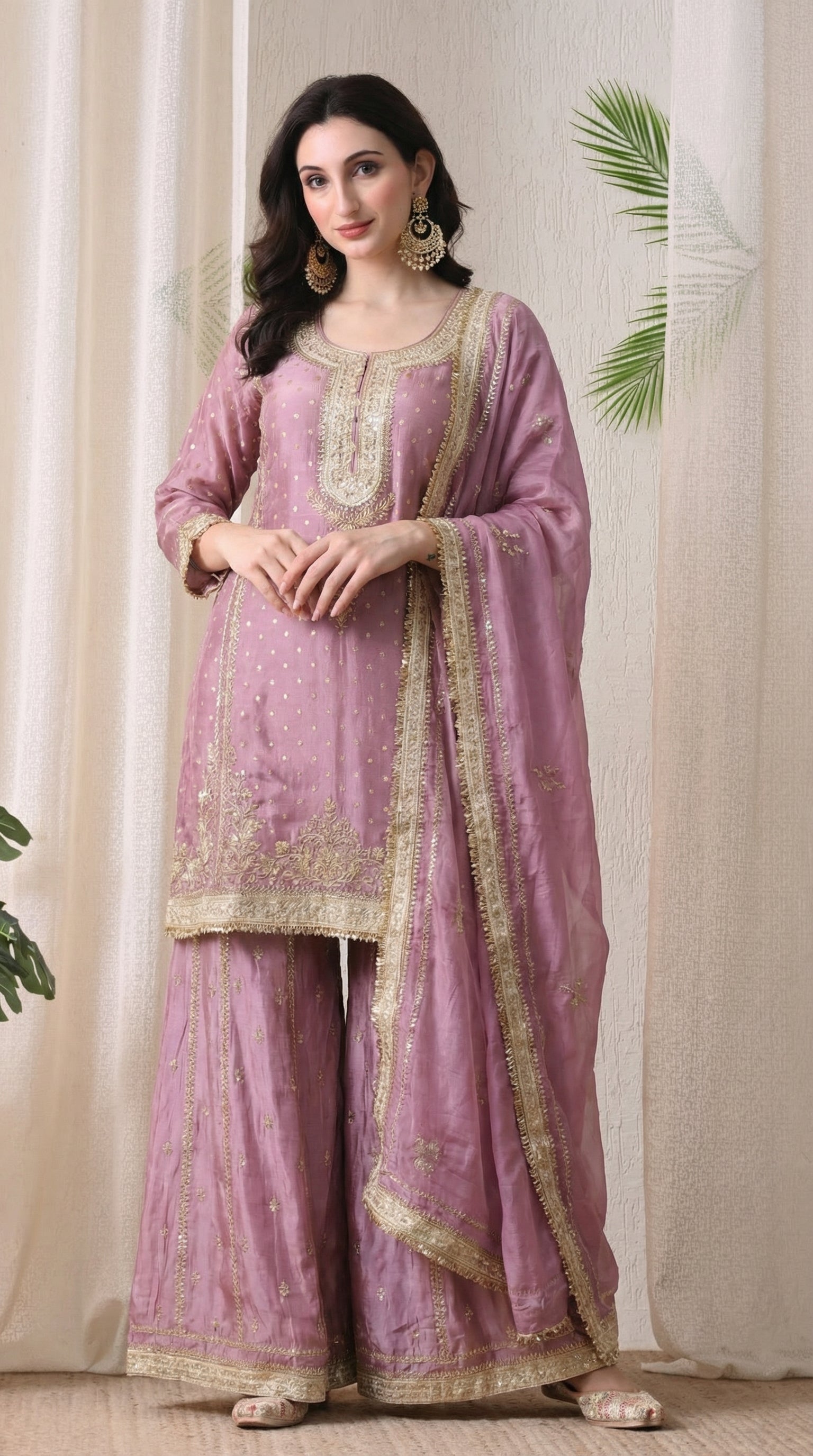 Dusty Pink Tissue Silk Zari Embroidered Sharara Suit- Set of 3