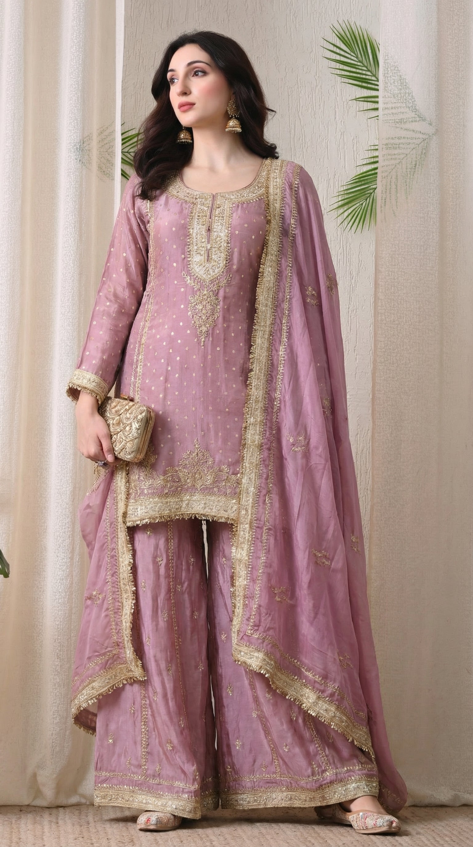 Dusty Pink Tissue Silk Zari Embroidered Sharara Suit- Set of 3
