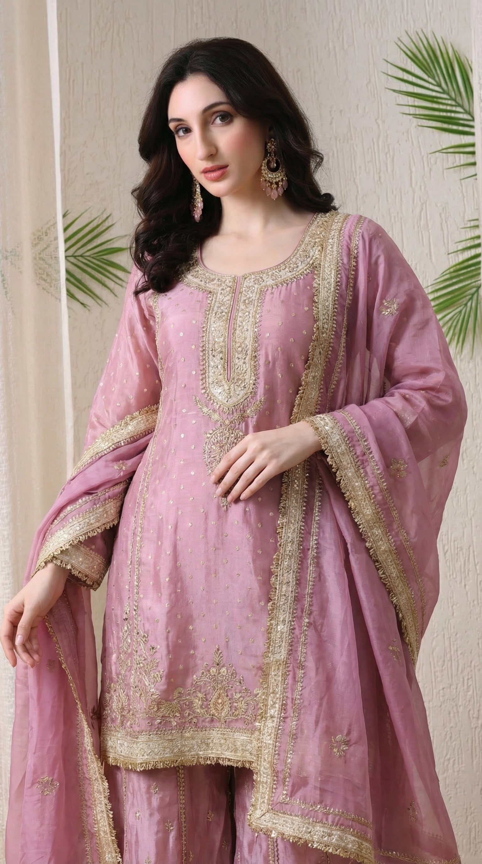 Dusty Pink Tissue Silk Zari Embroidered Sharara Suit- Set of 3