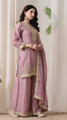 Dusty Pink Tissue Silk Zari Embroidered Sharara Suit- Set of 3