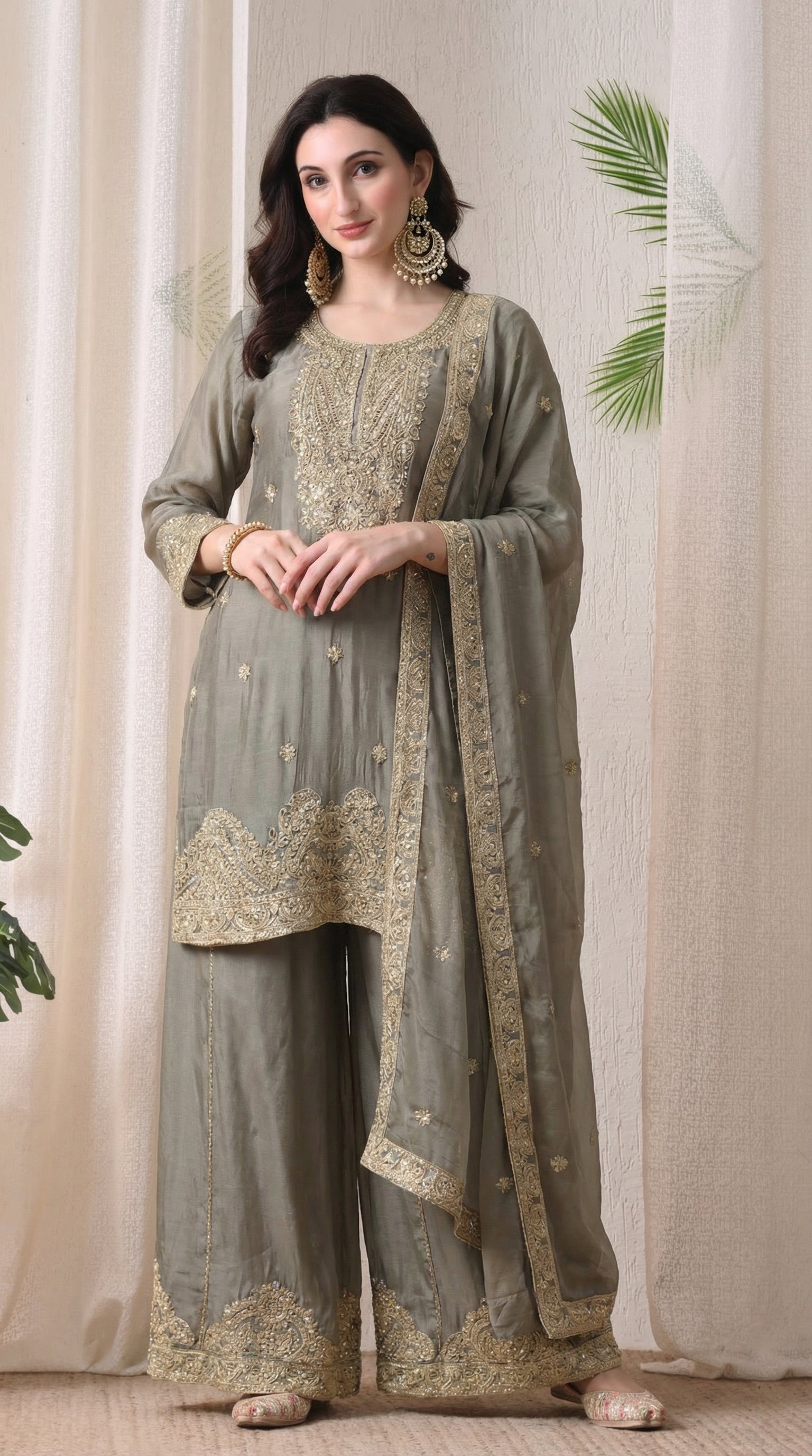 Olive Grey Premium Raw Silk Zari Embroidered Sharara Suit- Set of 3