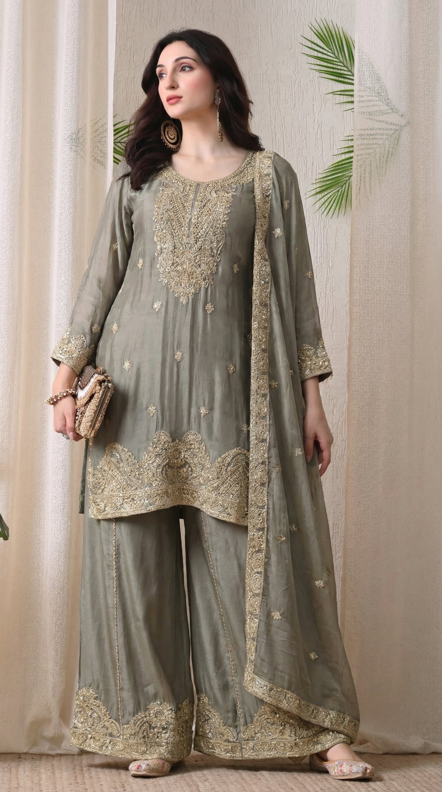 Olive Grey Premium Raw Silk Zari Embroidered Sharara Suit- Set of 3