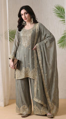 Olive Grey Premium Raw Silk Zari Embroidered Sharara Suit- Set of 3