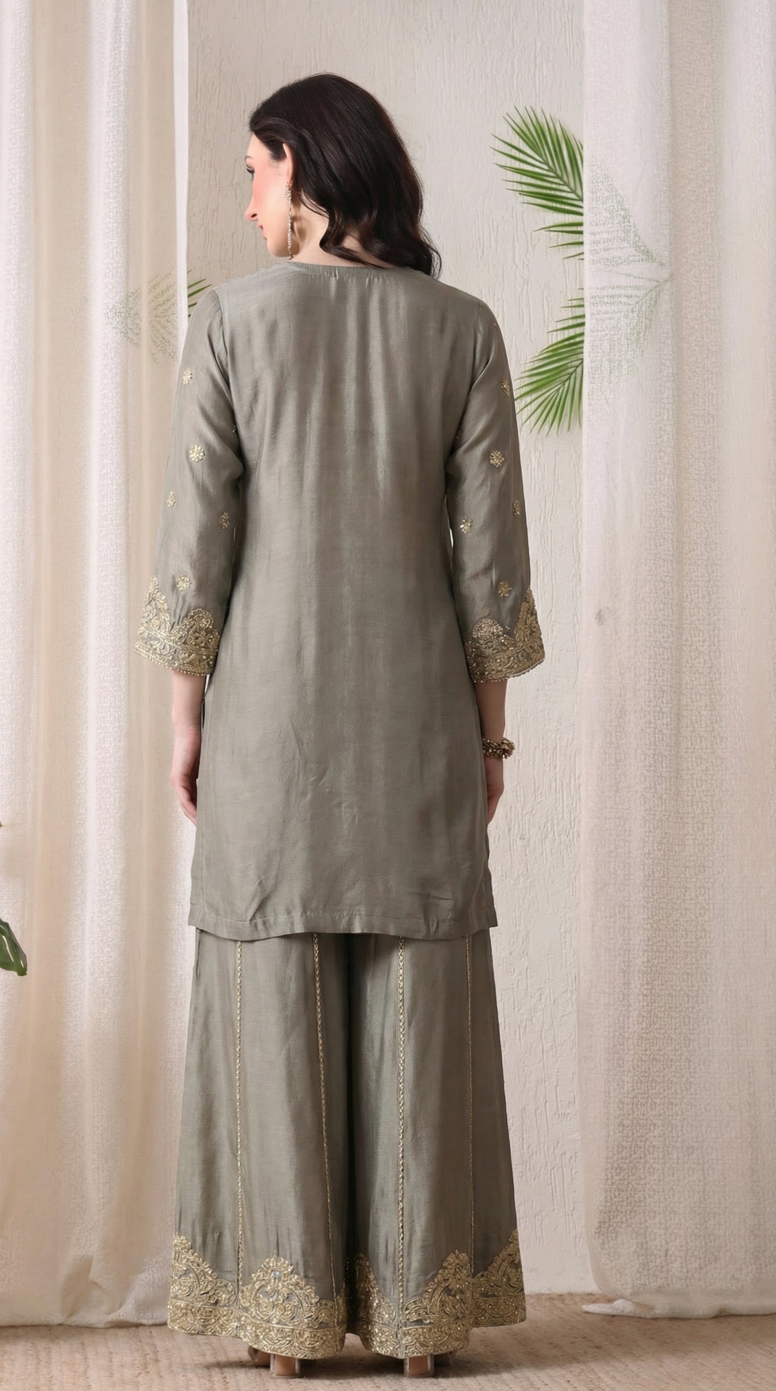 Olive Grey Premium Raw Silk Zari Embroidered Sharara Suit- Set of 3