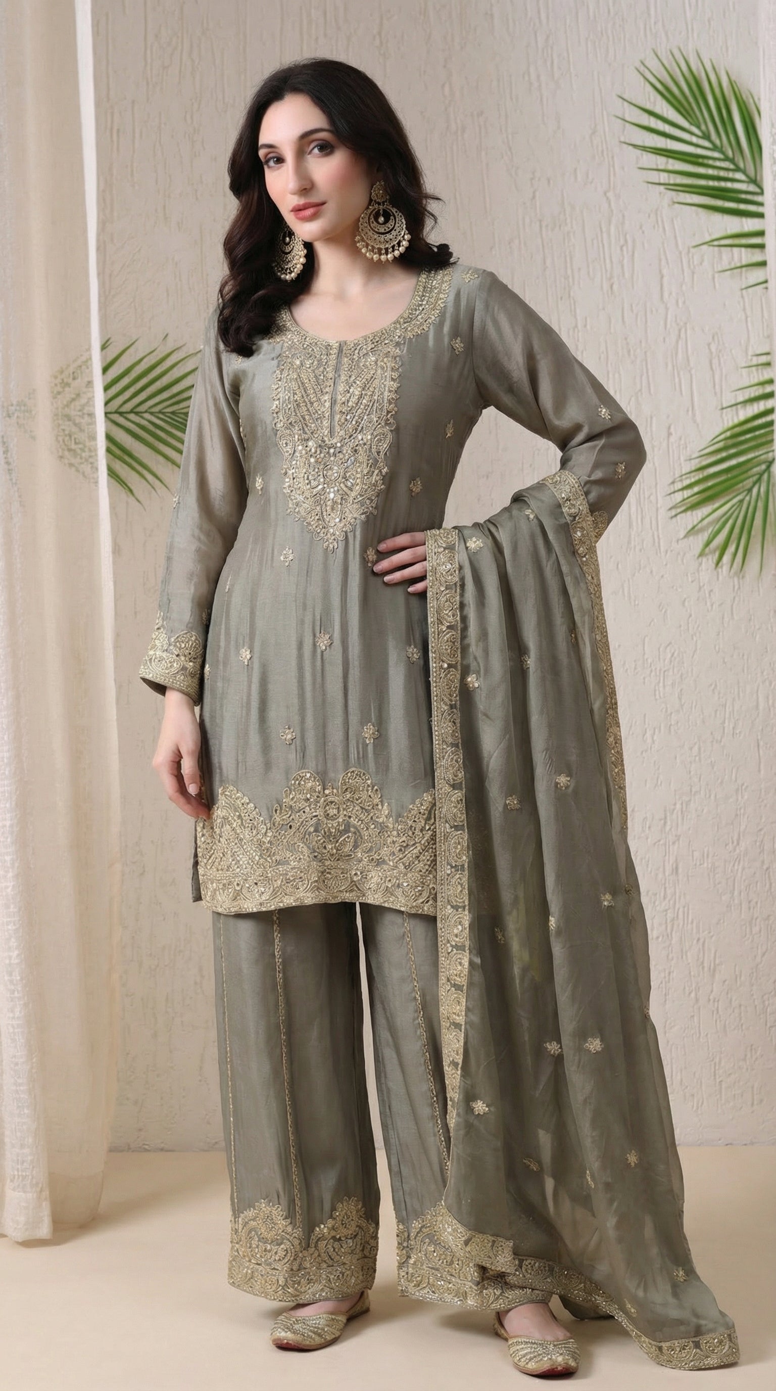 Olive Grey Premium Raw Silk Zari Embroidered Sharara Suit- Set of 3