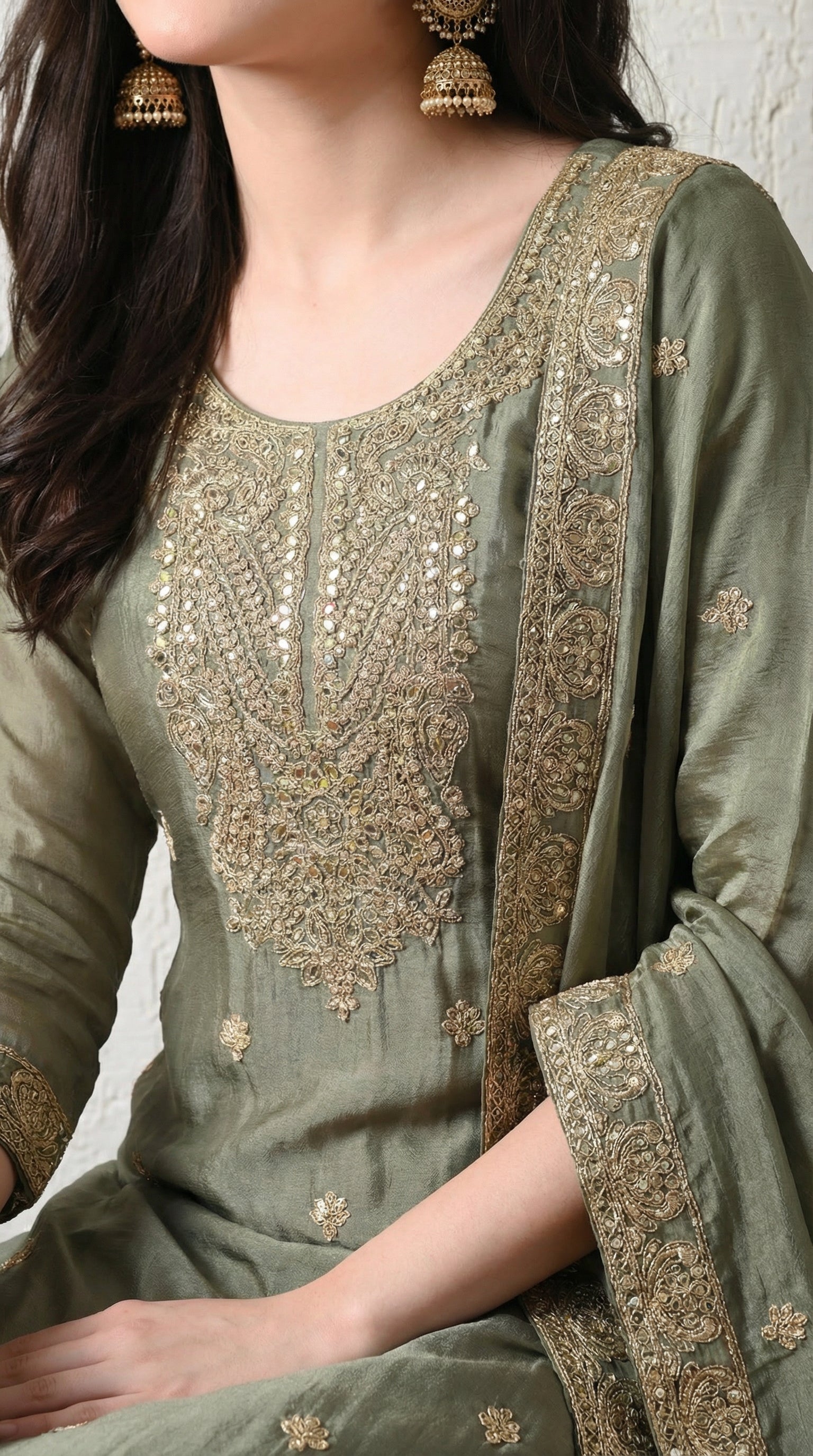 Olive Grey Premium Raw Silk Zari Embroidered Sharara Suit- Set of 3