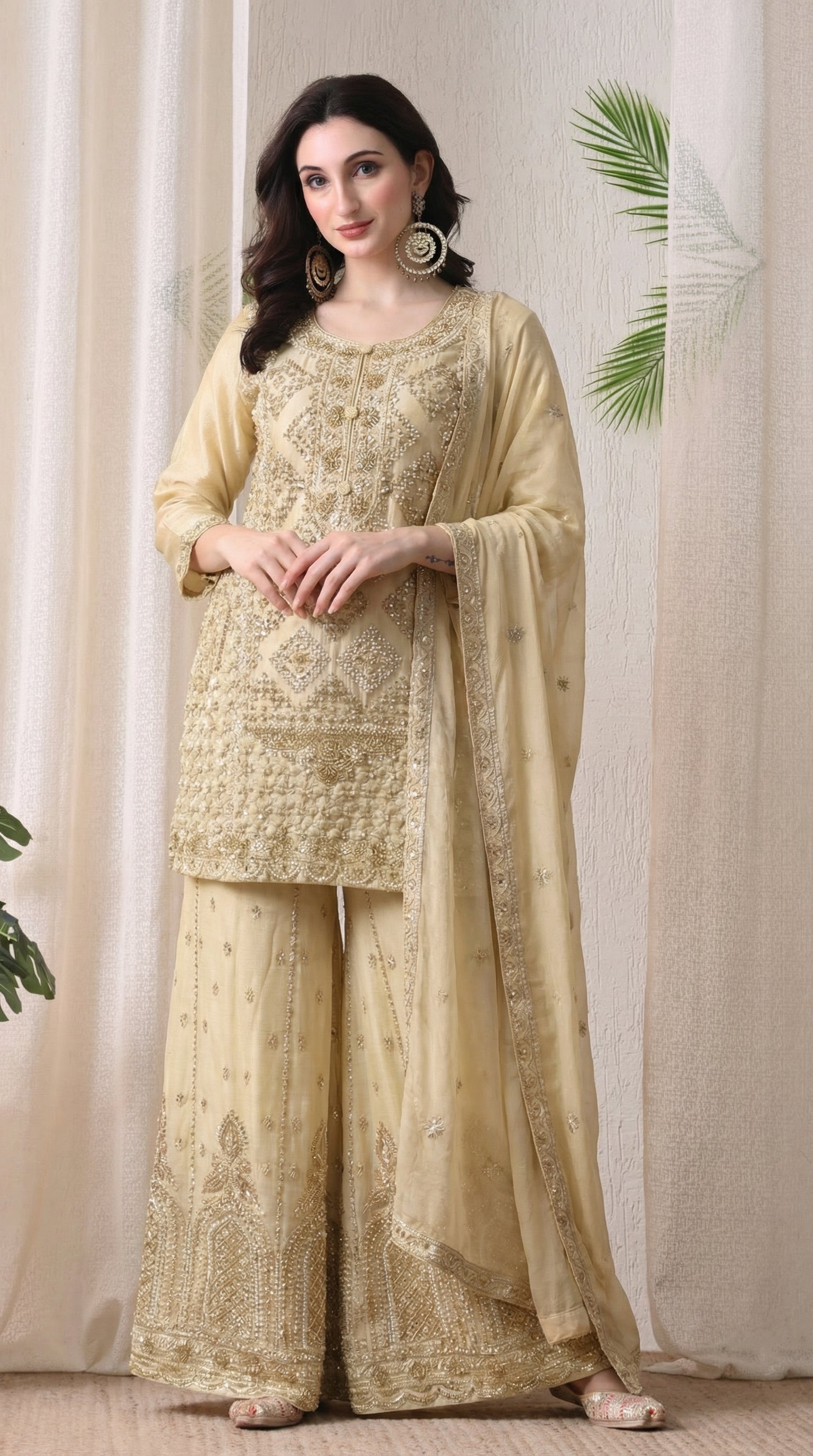 Beige Premium Silk Pearl, Bead, and Sequin Embroidered Sharara Suit- Set of 3