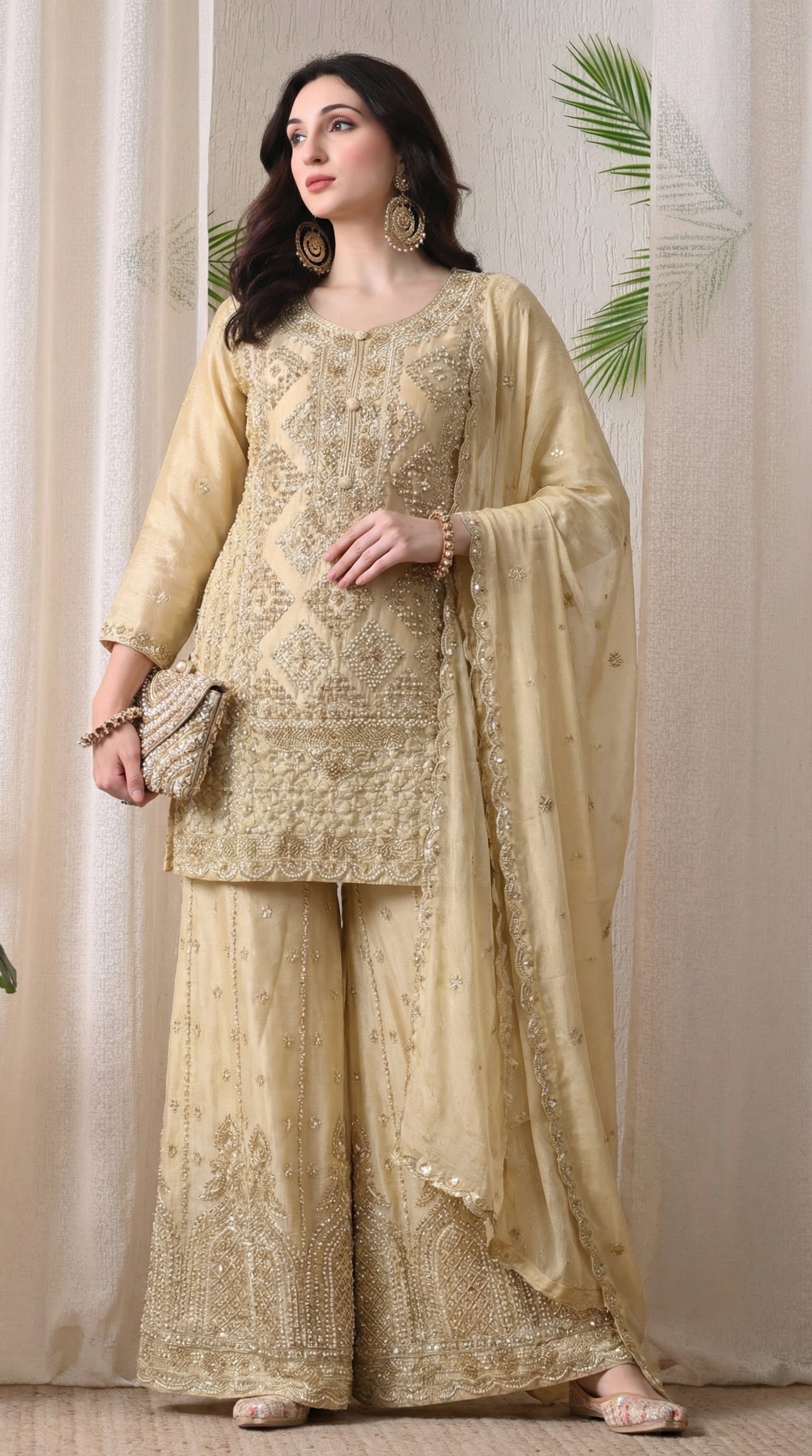 Beige Premium Silk Pearl, Bead, and Sequin Embroidered Sharara Suit- Set of 3