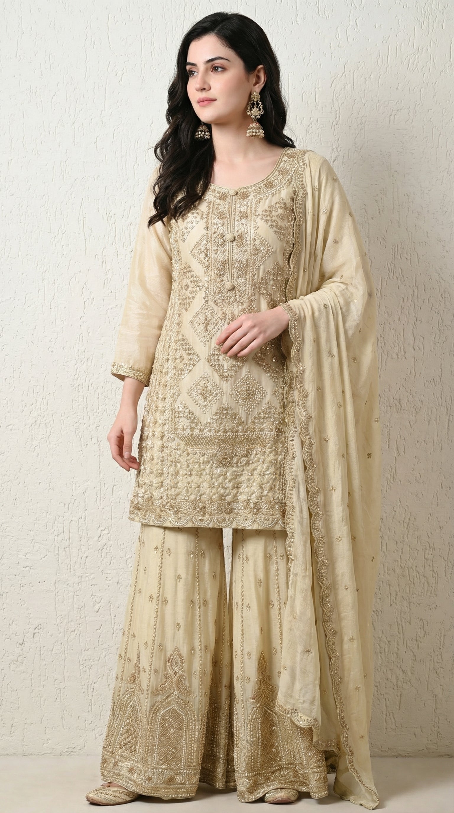 Beige Premium Silk Pearl, Bead, and Sequin Embroidered Sharara Suit- Set of 3