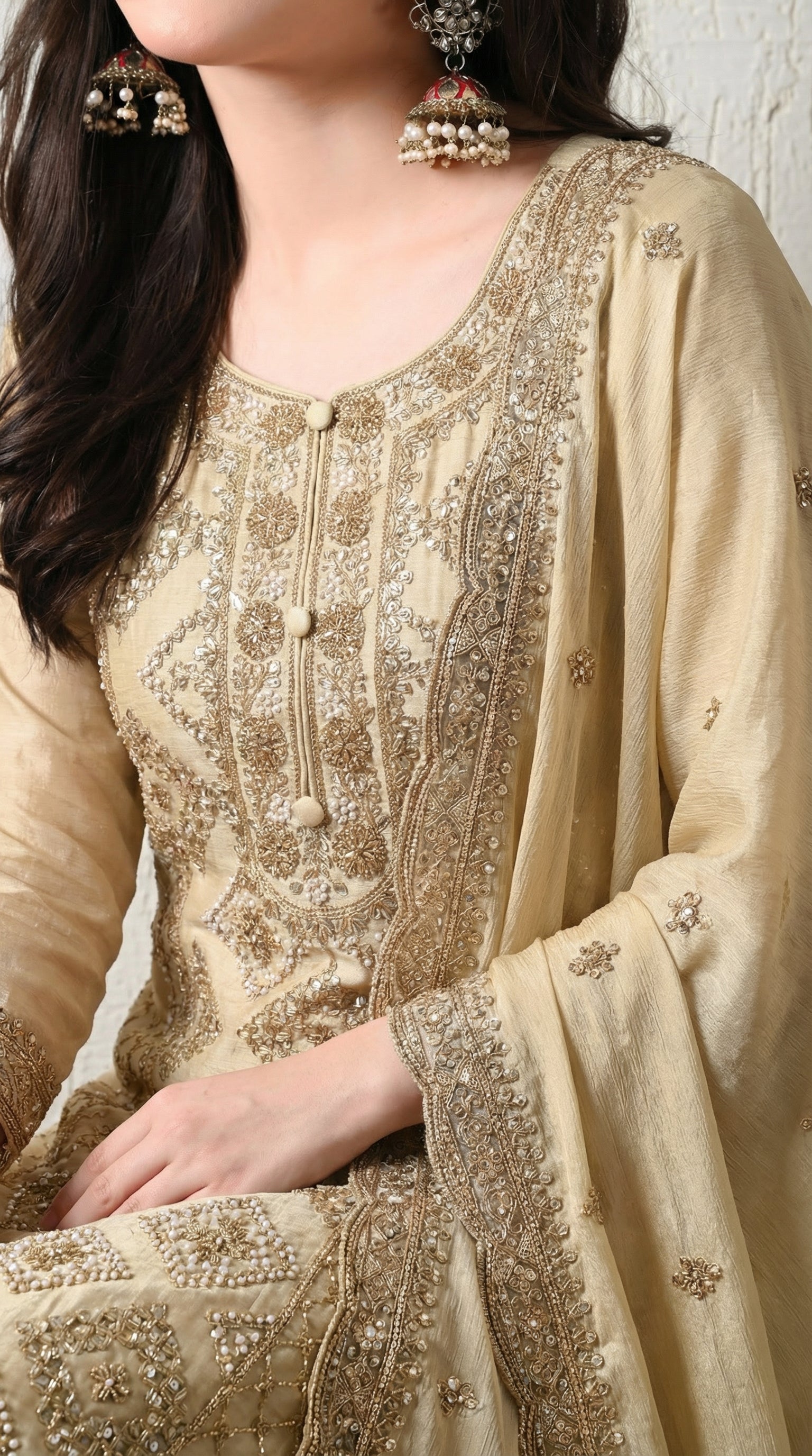 Beige Premium Silk Pearl, Bead, and Sequin Embroidered Sharara Suit- Set of 3