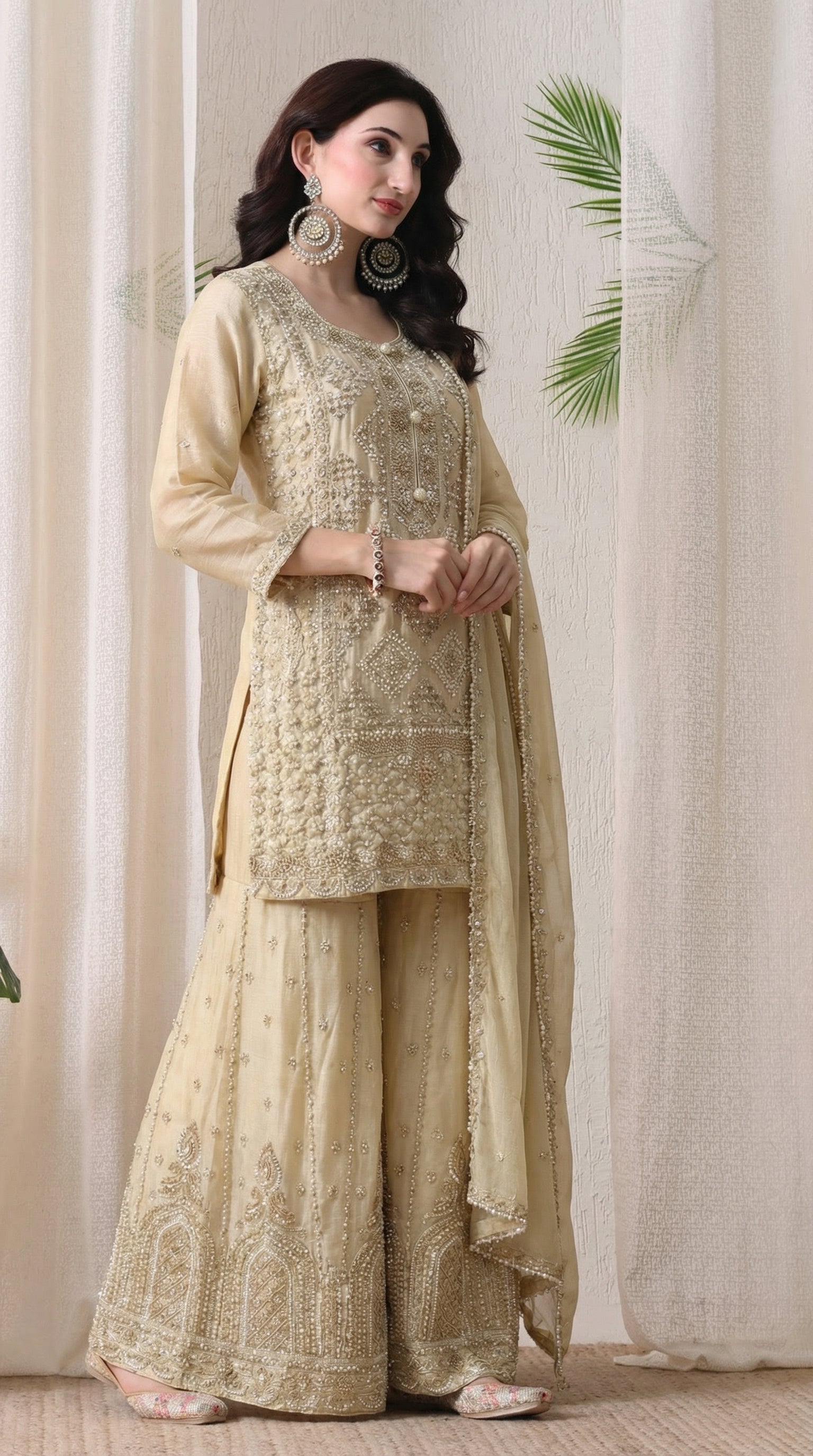 Beige Premium Silk Pearl, Bead, and Sequin Embroidered Sharara Suit- Set of 3