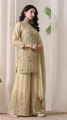Beige Premium Silk Pearl, Bead, and Sequin Embroidered Sharara Suit- Set of 3